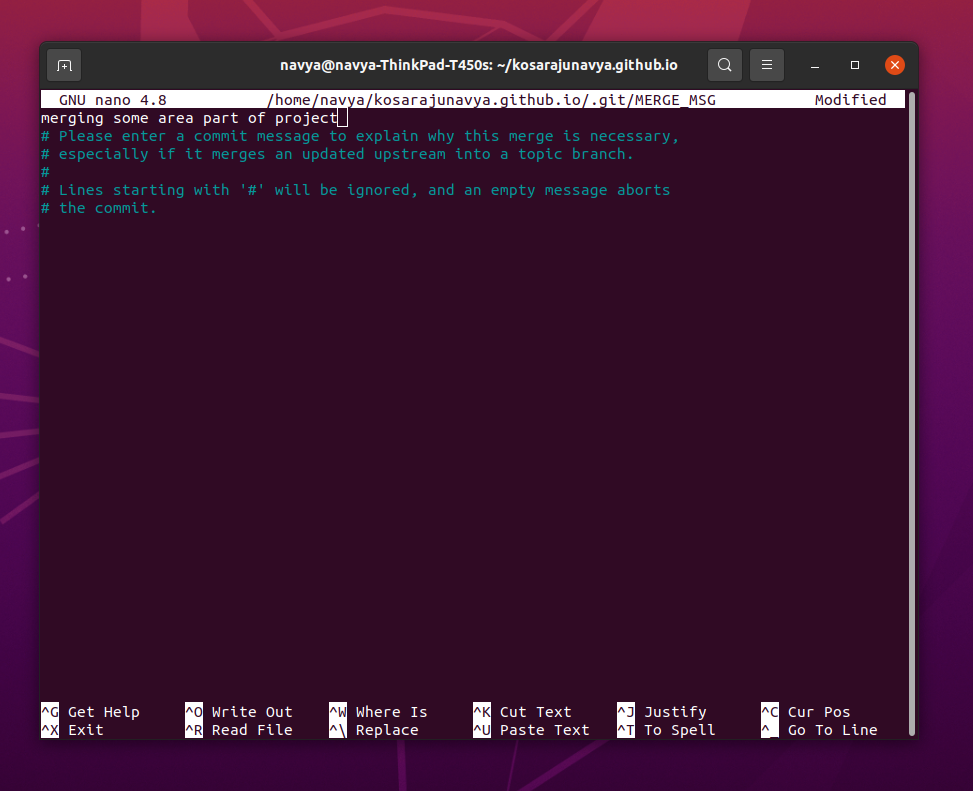 Writing merge commit in nano editor using Ubuntu terminal