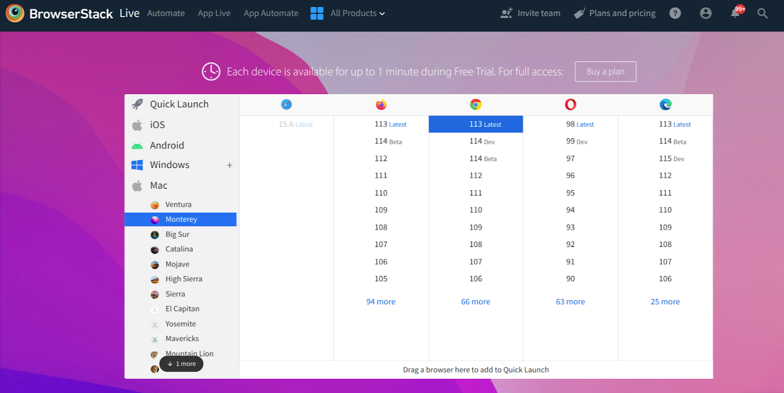 Browser stack dashboard