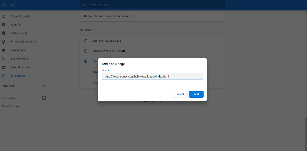 Adding github url in Google Chrome's add a new page pop