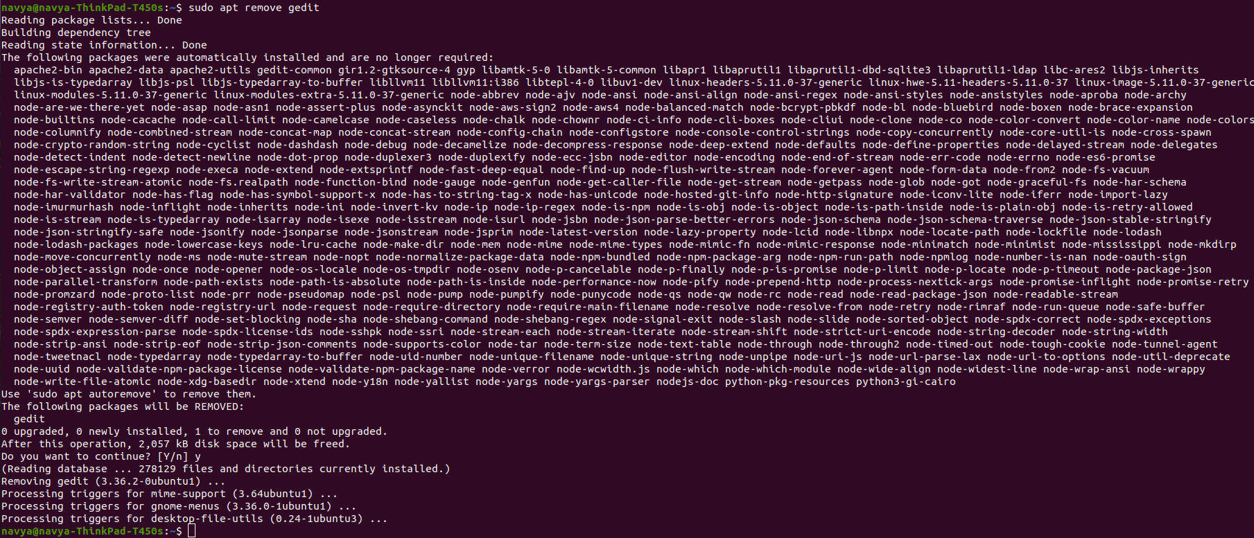 Removing packages using Ubuntu terminal