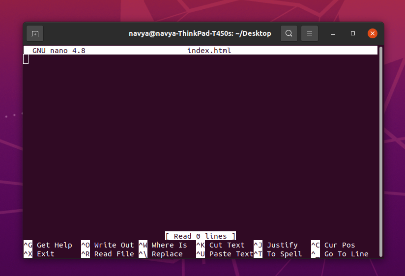 Opening HTML file in Ubuntu nano editor