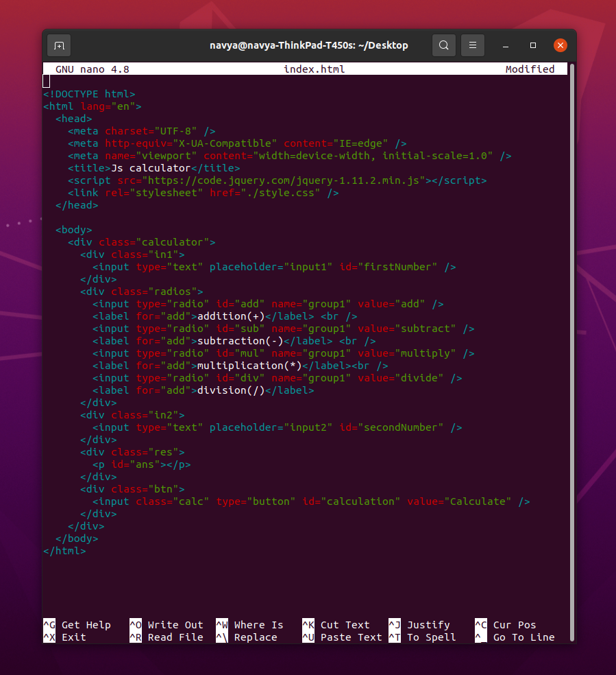 Writing HTML code in Ubuntu nano editor