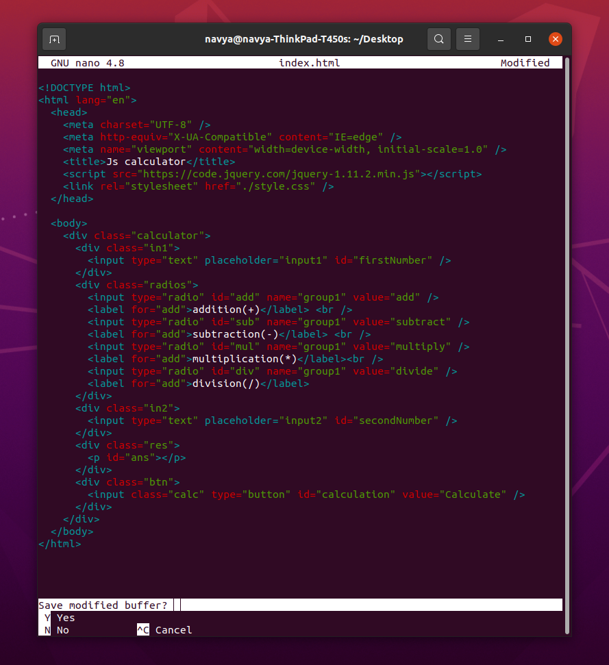 Saving HTML code in nano editor using Ubuntu terminal
