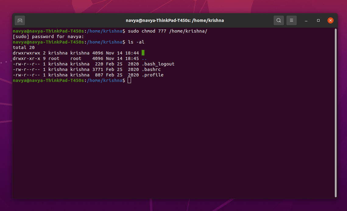Updating File Permissions for the user using Ubuntu terminal