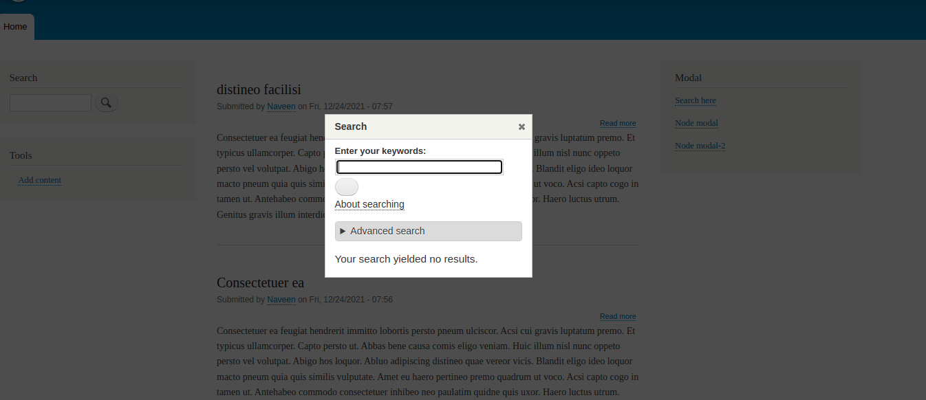 popup with search input and advanced search options
